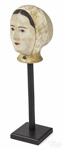 French carved and painted wood milliner's head,