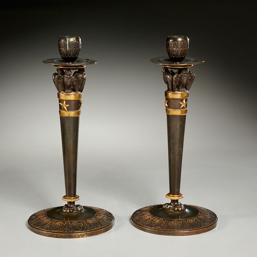 Pair Directoire parcel gilt bronze candlesticks