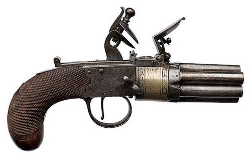 Rare Engraved Irish Seven-Barrel Flintlock Pistol by G. Turner of Dublin 