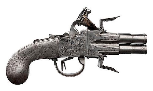 English Segallas Engraved Four-Barrel Side-by-Side Hammer Flintlock Pistol 