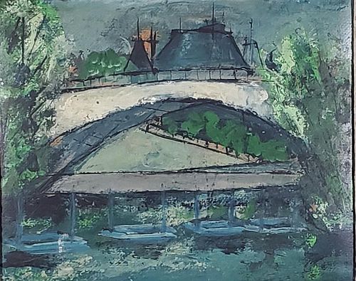 George Baylous oil, "Bridge on the Marne River" 