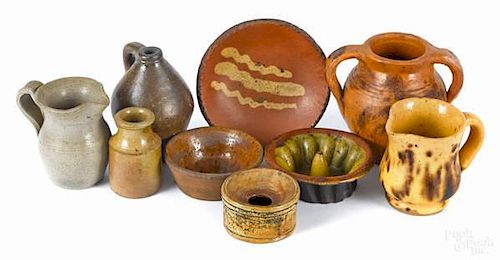Nine pieces of miniature redware and stoneware,