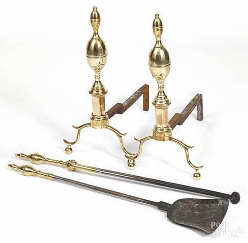 Pair of Federal brass double-lemon top andirons,