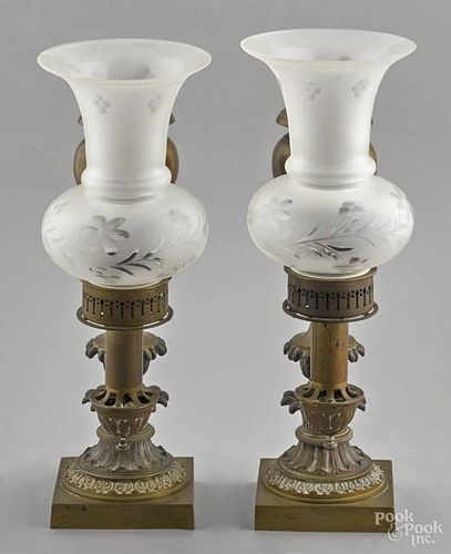 Pair of bronze argand lamps, mid 19th c., 16 1/