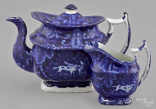 Blue Staffordshire teapot and creamer, 19th c.,