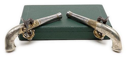 Pair of Engraved All-Metal Percussion Single-Shot Pistols in Fitted Casing 