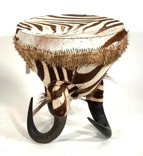 Zebra Skin and Animal Horn Drum Table