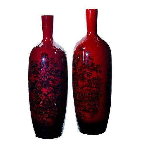 Pair Of Royal Doulton Flambe Woodcut Vases