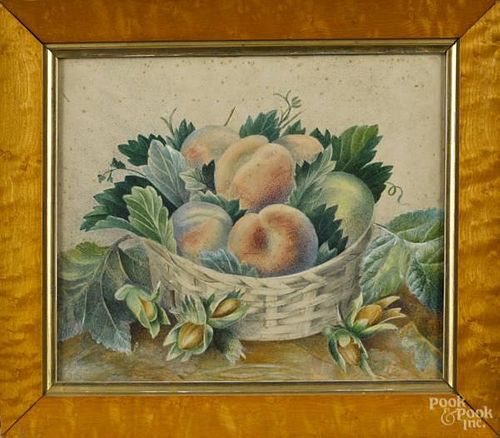 Watercolor still life, 19th c., of a basket of