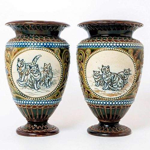 Pair of Doulton Lambeth Hannah Barlow Vases, Cats