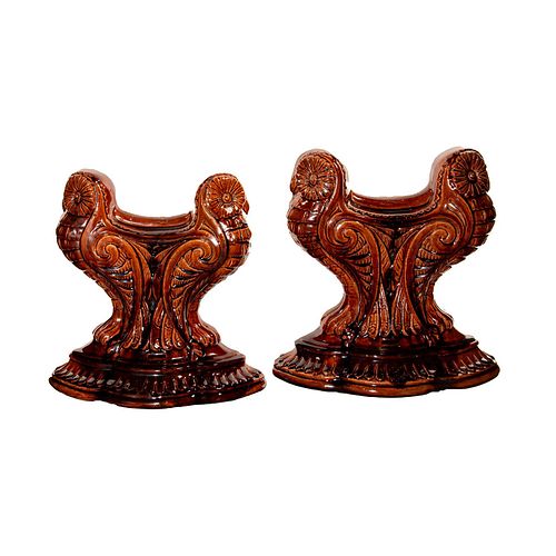 Doulton Lambeth Pair of Highly Stylized Owl Firedogs