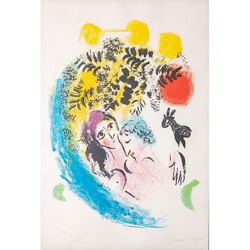 Marc Chagall Signed Lithograph Lovers with Red Sun