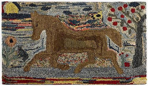 American hooked rug of a running horse, early 20