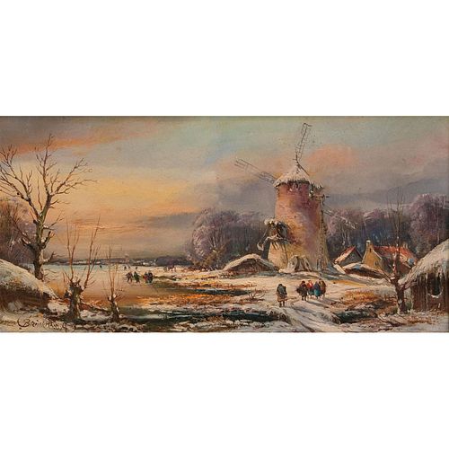 A. Brinkmann Oil on Panel Winter Lake Windmill