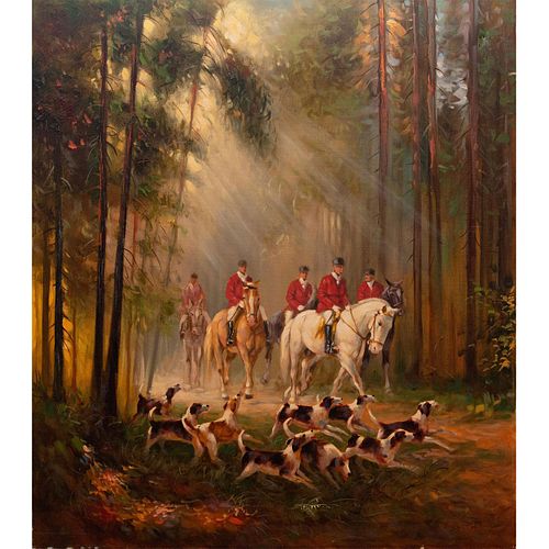 P. Roberts Signed Oil on Canvas Fox Hunt, Woods