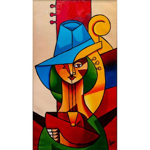 Nicaragua Hand Painted Portrait, Cello Player, Cubism. Artist: Arias