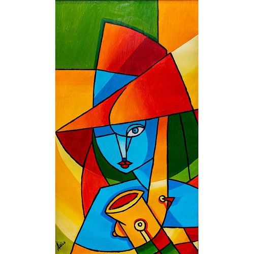 Nicaragua Hand Painted Portrait, Saxophone Woman, Cubism. Artist: Arias
