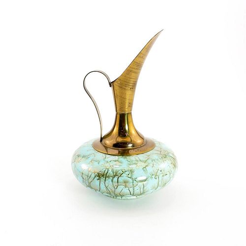Unusual Delft Porcelain Jug Brass Spout Mid-Century Modern