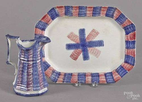 Blue and red rainbow spatter platter, 19th c.,