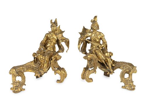 A Pair of Louis XV Style Chinoiserie Gilt Bronze Chenets
Height 12 1/2 x width 13 inches.