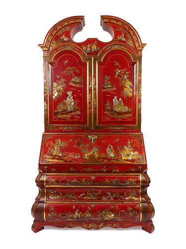 A George II Style Parcel-Gilt and Red Lacquer Chinoserie Secretary
Height 98 x width 55 x depth 26 inches.