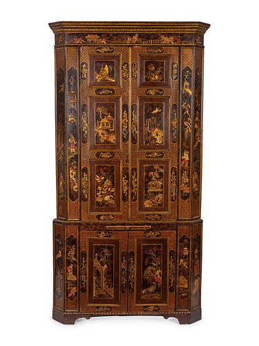 A George II  Chinoisserie on Faux Tortoiseshell Decorated Corner Cabinet Height 84 x width 42 inches.