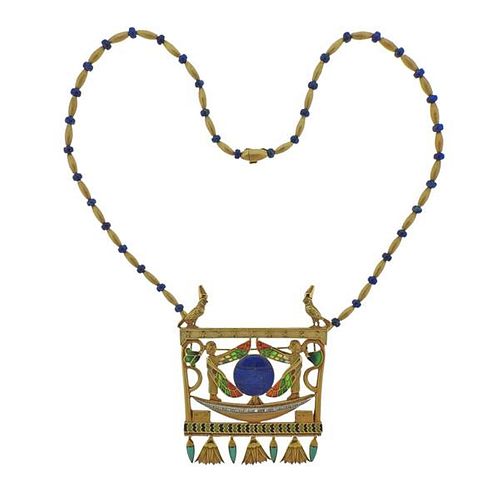 Egyptian Revival 18k Gold Plique A Jour Lapis Diamond Pendant Necklace