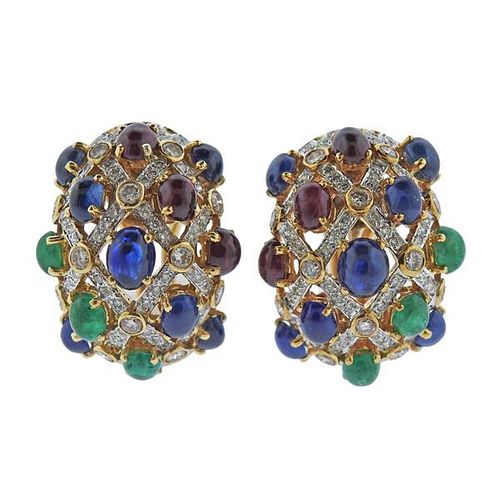 18k Gold Diamond Ruby Emerald Sapphire Cocktail Earrings