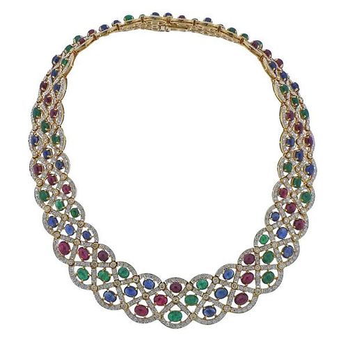 18k Gold Diamond Ruby Emerald Sapphire Necklace