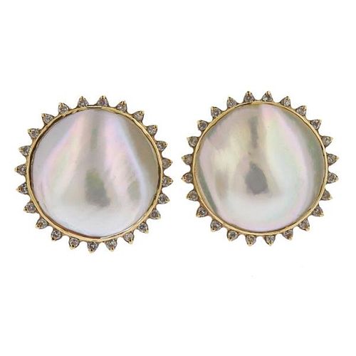 14k Gold Diamond Mabe Pearl Large Earrings