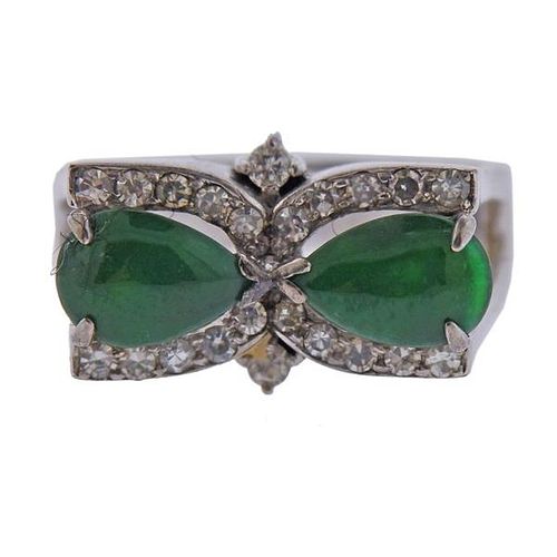 14k White Gold Diamond Jade Ring 