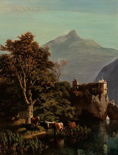 Wilhelm Theodor Nocken (German, 1830-1905) Cows Watering Near a Cliffside Castle