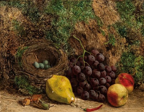 William Hughes (British, 1842-1901) Still Life with Fruit and Bird's Nest