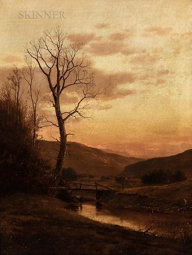 John Adams Parker Jr. (American, 1827-1905) Autumn View with Quiet River and Wooden Bridge at Dusk