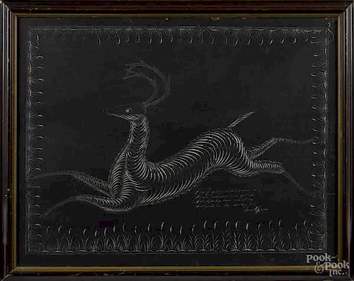 Calligraphy on black paper of a leaping stag, la