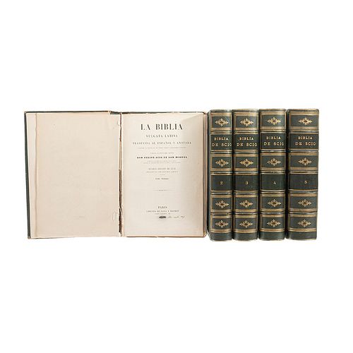 Scio de San Miguel, Felipe. La Biblia Vulgata Latina. París: Librería de Rosa y Bouret, 1870. Tomos I - V. 28 láminas. Piezas: 5.