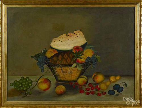 American oil on canvas still life with a basket