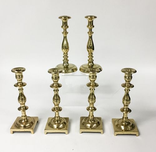 Group of 6 Brass Queen Anne Candlesticks