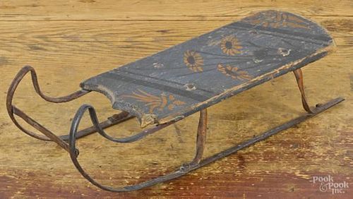Miniature painted pine sled, 19th c., having a