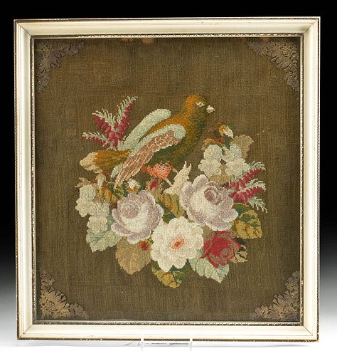 Framed Antique American Needlepoint - Bird and Flowers