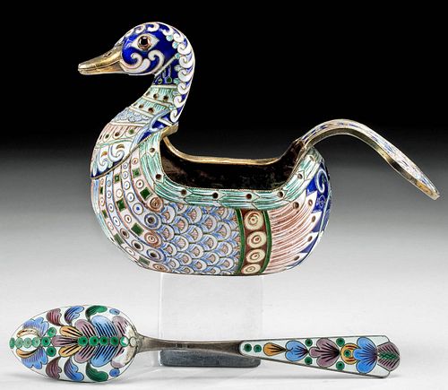 19th C. Russian Silver Cloisonne Duck Kovsh and Spoon