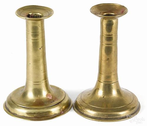 Two English brass trumpet base candlesticks, lat
