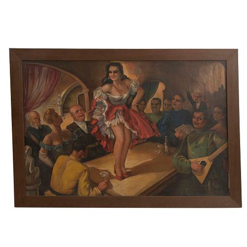 JORGE RANGEL GUERRA. Escena de taberna. Firmado y fechado 1944. Óleo sobre tela. Enmarcado. 150 x 214 cm