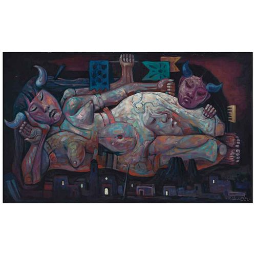 JORGE GONZÁLEZ CAMARENA, Amenaza sobre el pueblo, Signed in front, signed and dated 1979 on back, Oil/canvas, 23.6 x 39.3" (60 x 100 cm), Certificate
