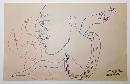 Manu Parekh Surrealist Figure Ink Drawing