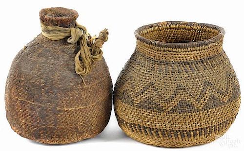Native American coiled basketry water jug, early