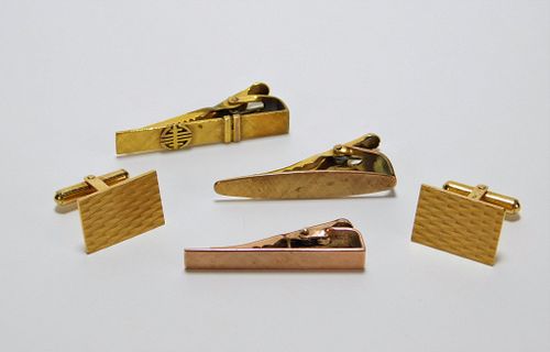 4PC Men's 14K Gold Cufflinks & Tie Clips