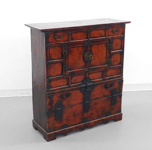 Japanese Meiji Period Red Lacquer Tansu Chest