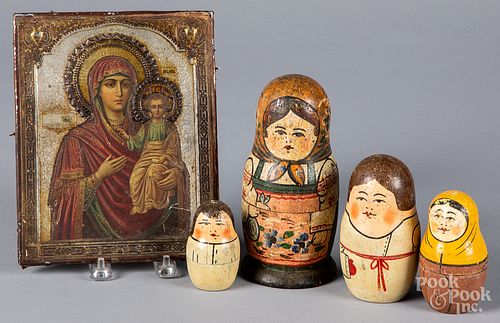Eastern European painted copper icon, etc.