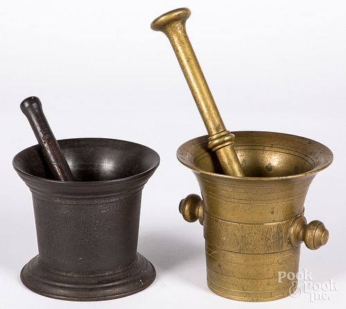 Two antique brass and iron mortar and pestles